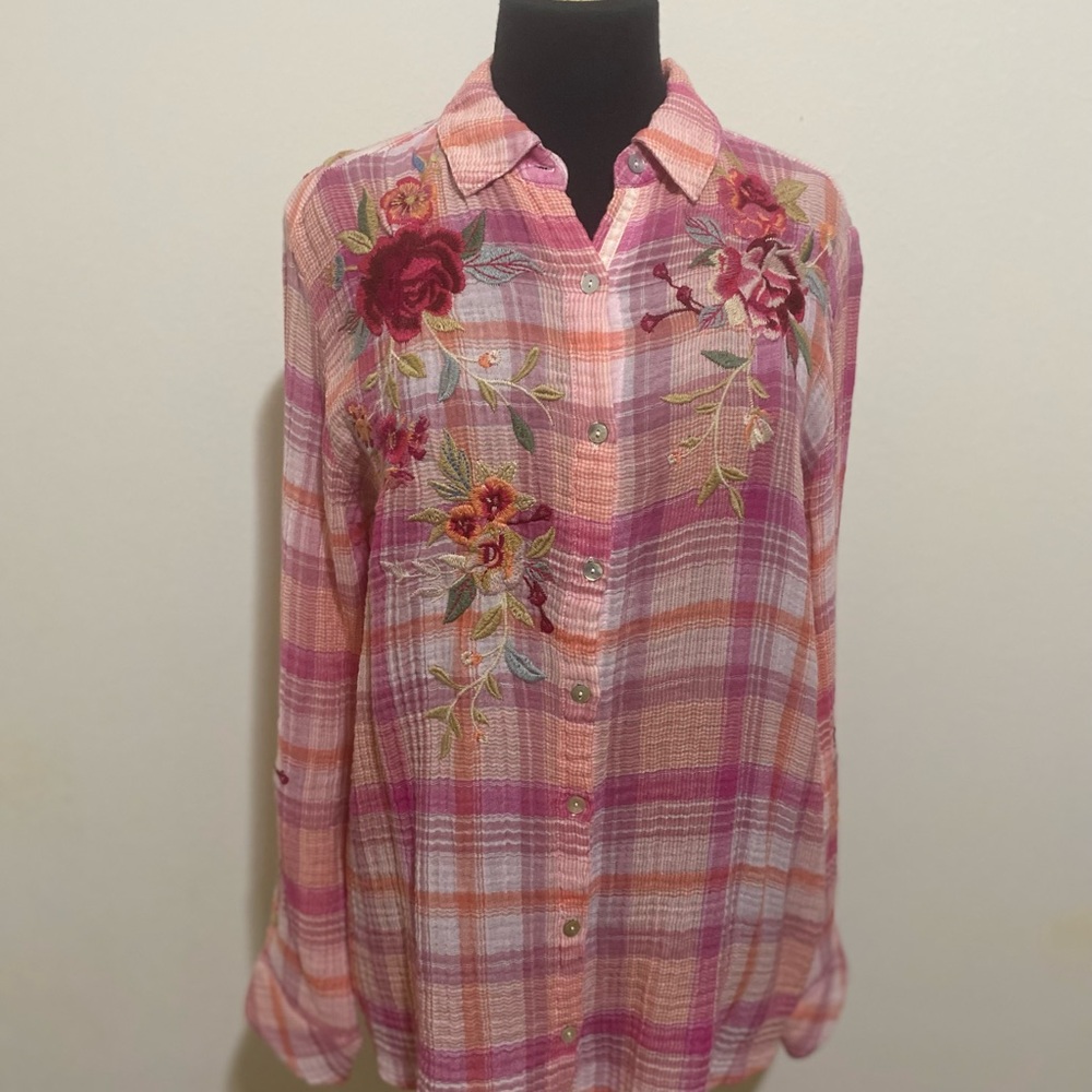 Johnny Was Pink and White Embellished Button Down Shirt